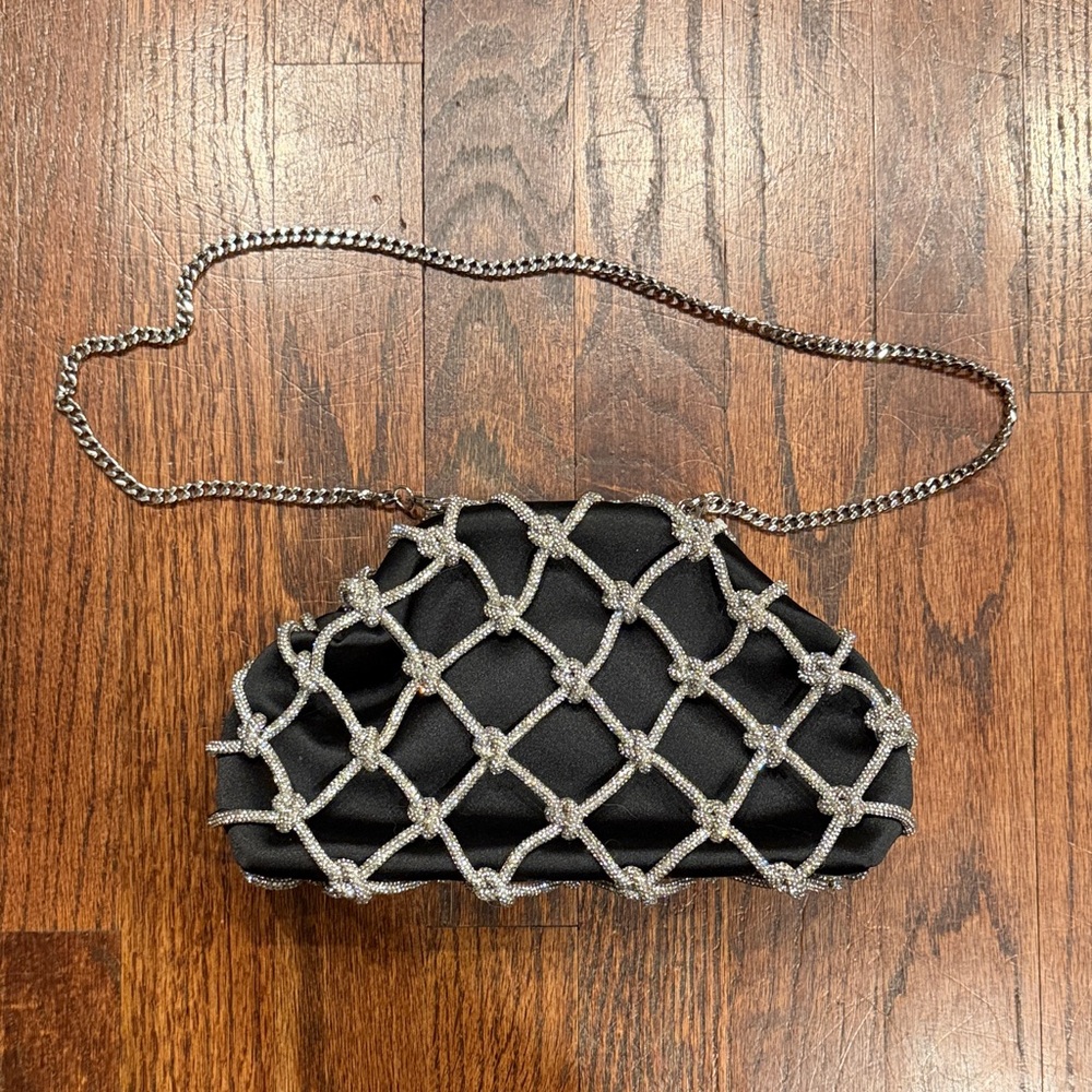 Ted Baker - Black Satin Evening Crossbody Bag with Silver Crystal Net